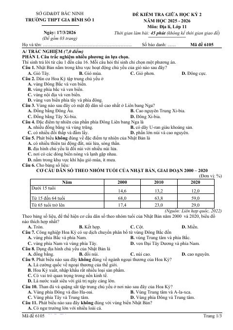 Đề thi Giữa kì 2 Địa lí 11 năm 2025-2026 trường THPT Gia Bình 1 (Bắc Ninh)